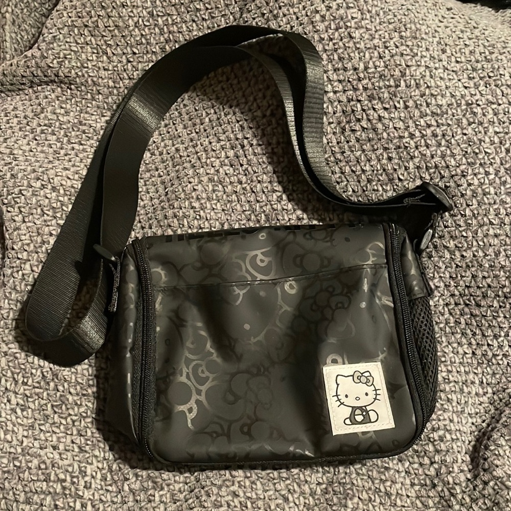 Hello Kitty black vinyl messenger bag